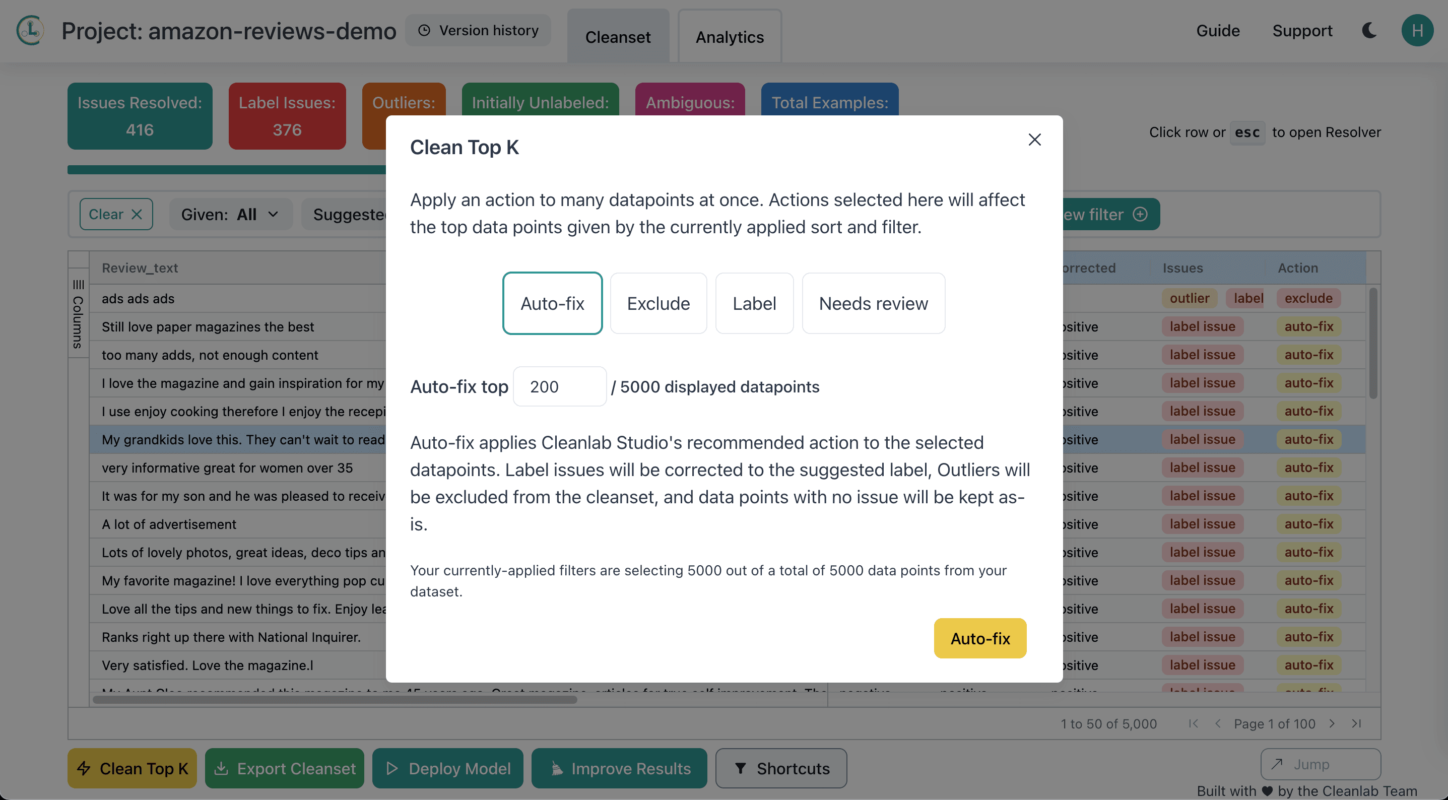 Performing a Clean Top K to Auto-Fix Top Errors