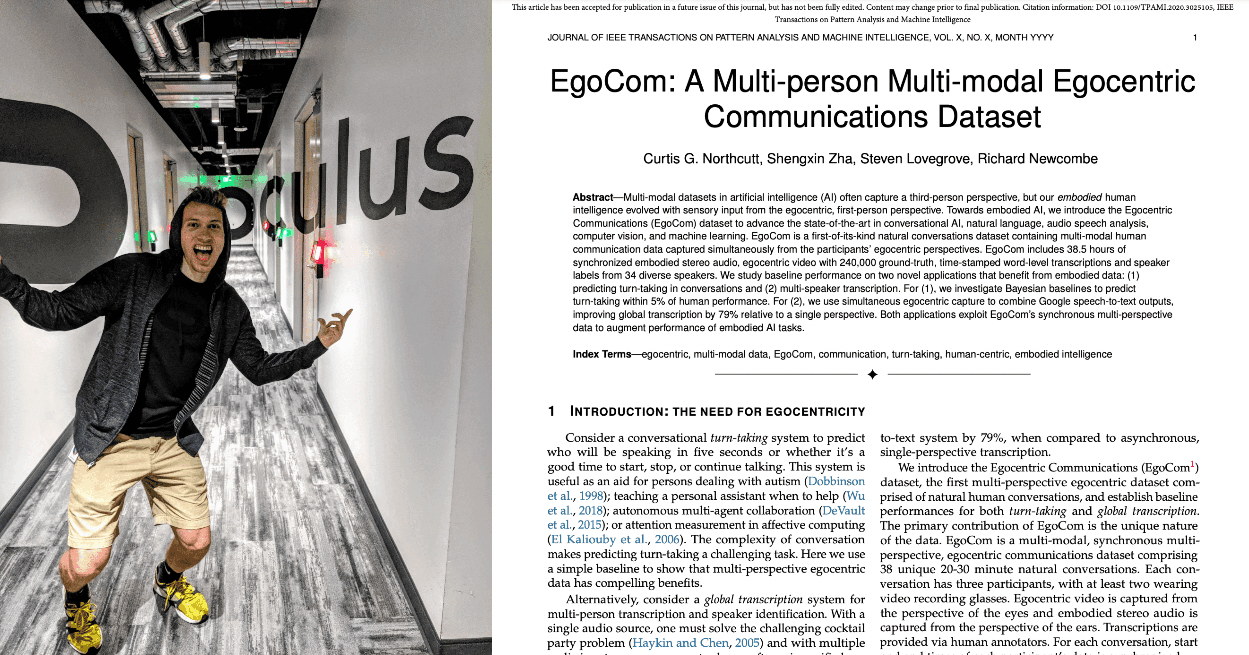 Curtis in the Oculus Research office in 2018 (LEFT). A screenshot of one Curtis's publication on creating multi-modal datasets published in IEEE T-PAMI (RIGHT).