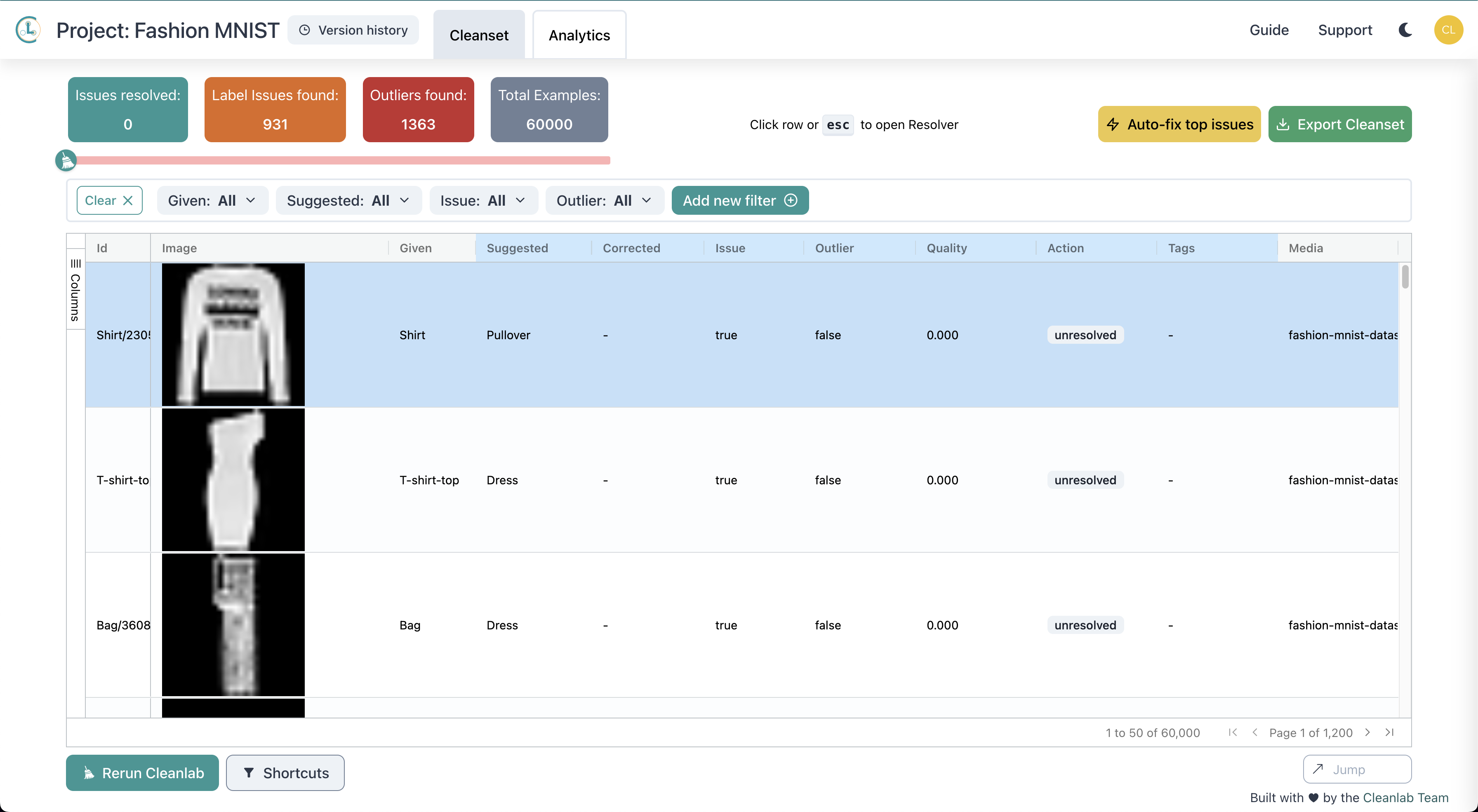 Screenshot of Cleanlab Studio, a data correction enterprise interface.